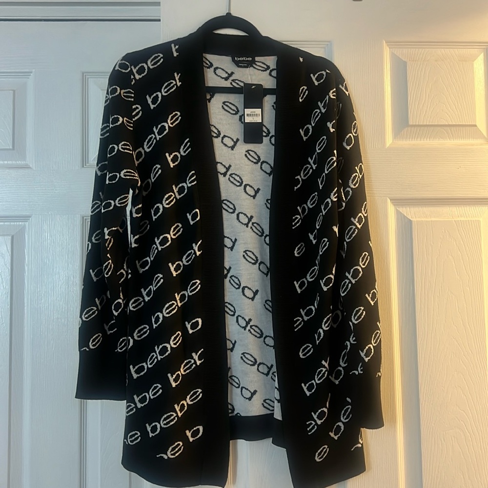 NWT- Bebe monogram Black and White cardigan sweater-size Large